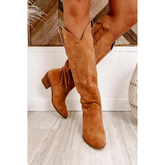 Women Yellow Polyurethane Embroidered Pull-On Chunky Heel Knee High Western Boot - Picture 2 of 5